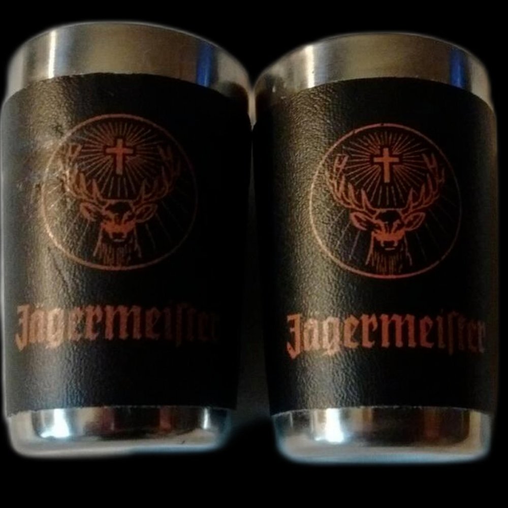 JÄGERMEISTER Shot Glass Set of 2 Stainless with Orange Logo on Faux Black Wrap